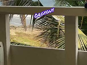 Slutty housewife flashed her pussy outdoors at a beach resort.