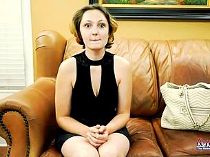 Brunette hottie Nikki P contrasts sucking cock with getting her wet shaved pussy and curvy ass fucked hard