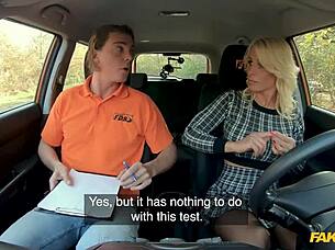 blonde milf with huge boobs enjoys riding big cock in fake driving school outdoor pov