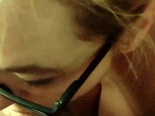 Oops, she's blowing me away again with that deepthroat in sexy glasses on her knees  