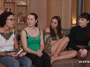 Lesbian brunettes with tattoos get wet and wild fingering pussies while using vibrators and dildos in steamy group action.