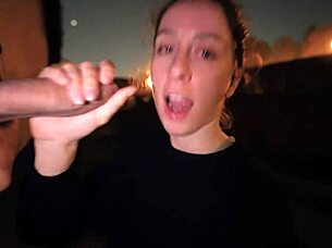 Slutty Young Woman Gets Daring Public Facial Outdoors