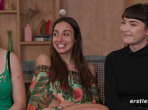 Lesbian brunettes with tattoos get wet and wild fingering pussies while using vibrators and dildos in steamy group action.