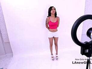 Tiny brunette model gets fucked in a modeling audition on the sofa during casting interview