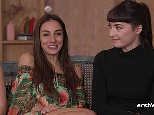 Lesbian brunettes with tattoos get wet and wild fingering pussies while using vibrators and dildos in steamy group action.