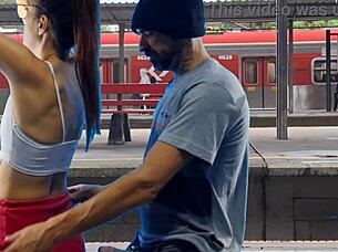 Subtle hints of sexy couple fucking outdoors in public bus flashing pussy suggestively