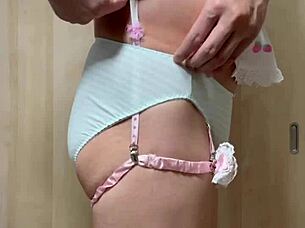 i feel so horny sniffing these cute huge asian maid panties in outdoor public toilet at work with anal buttplug piercing.