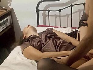 hey, what's up with this clothed white satin panty french slut getting fucked in satin brown dress doggystyle while licking ass hole?