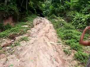 They wandered into the forest and started having intense amateur sex right on the path