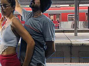 Subtle hints of sexy couple fucking outdoors in public bus flashing pussy suggestively