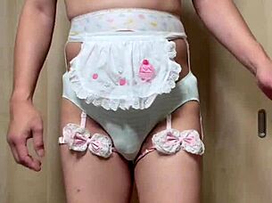 i feel so horny sniffing these cute huge asian maid panties in outdoor public toilet at work with anal buttplug piercing.