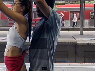 Subtle hints of sexy couple fucking outdoors in public bus flashing pussy suggestively