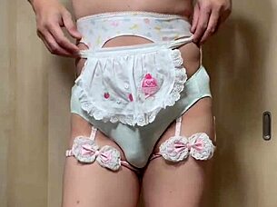 i feel so horny sniffing these cute huge asian maid panties in outdoor public toilet at work with anal buttplug piercing.