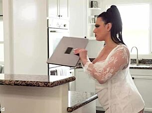 Busty babe Mona Azar gets caught masturbating by boyfriend, leading to deepthroat blowjob and rough doggystyle fucking.