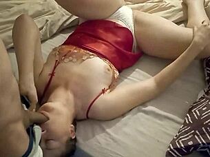 1381 - fucking white girl in red satin nightie and white satin panties dogging pov blowjob ass licking