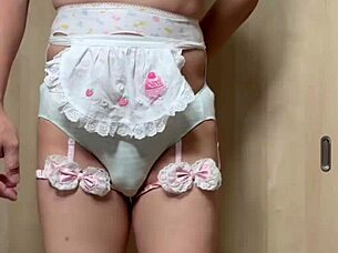 i feel so horny sniffing these cute huge asian maid panties in outdoor public toilet at work with anal buttplug piercing.