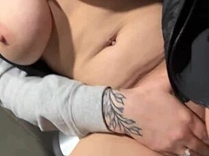 Flashing those big tits in the toilet before getting fucked hard outdoors – what a rush!