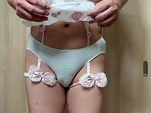 i feel so horny sniffing these cute huge asian maid panties in outdoor public toilet at work with anal buttplug piercing.