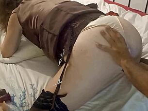 hey, what's up with this clothed white satin panty french slut getting fucked in satin brown dress doggystyle while licking ass hole?