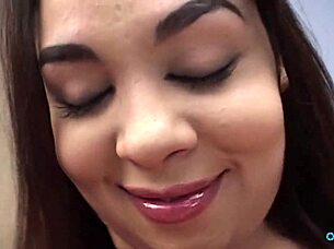 This cute latina with big natural tits rides cowgirl and deepthroats that horny fucker until cumshot