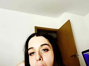 Teen swallows cum mixed with milk after wet blowjob and monster cock sucking session.