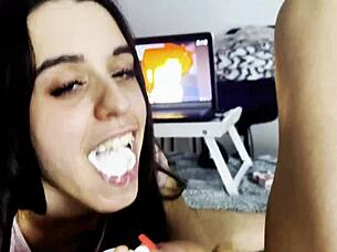 Teen swallows cum mixed with milk after wet blowjob and monster cock sucking session.