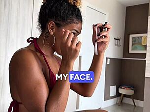 in this pov scene a brunette latina teen gives a sloppy blowjob during her first college lesson. she swallows cum eagerly after riding in cowgirl.