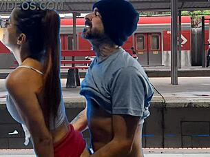 Subtle hints of sexy couple fucking outdoors in public bus flashing pussy suggestively