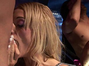 Common masturbation turns into group fuck with blonde riding cowgirl and doggystyle. It ends with cumshots on her shaved pussy and big boobs.