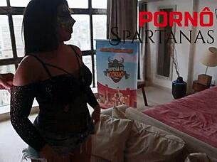 gorgeous brazilian brunette rides big black cock in interracial cuckold scene with tan lines and cum in mouth