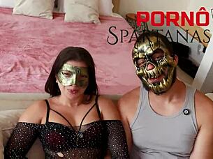 gorgeous brazilian brunette rides big black cock in interracial cuckold scene with tan lines and cum in mouth