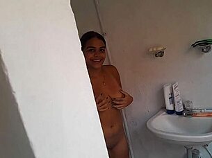 taking a hot shower with my sexy brunette latina stepsister and her big lips