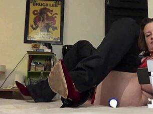 In 1962, french amateur dons green leather pants, red satin bodysuit, corset, pink satin panties, and heels for doggy style pov ass licking, blowjob, and spanking session.