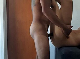 Brunette amateur bent over in doggystyle creampie