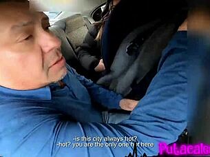 On the way to dinner she gets horny and we fuck in the taxi with big tits riding cowgirl. 😏🚕