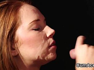 Sexy idol takes massive cumshot on her face and swallows every bit of spunk