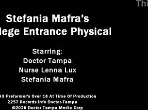 dr tampa conducts a thorough physical on patient stefania mafra at tampa university with gloves and tools