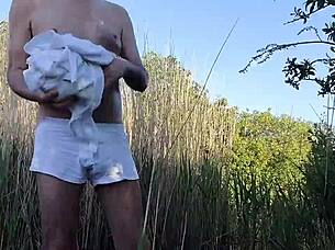 Public bdsm scene with clothes ripped for naked humiliation and slave striptease outdoors