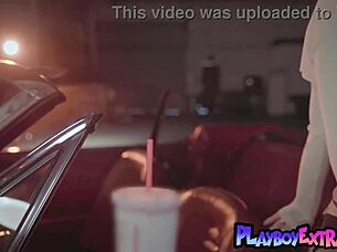 Petite teen blondie polina gets naked in a vintage car stripping off lingerie to reveal her shaved pussy