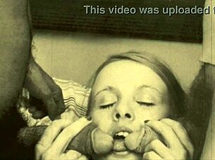 Intense vintage group action with hairy Indian threesome featuring one mouth devouring two cocks and explosive cumshot