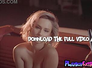 Petite teen blondie polina gets naked in a vintage car stripping off lingerie to reveal her shaved pussy