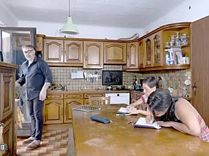 very vicious interracial threesome heats up in the kitchen with ebony and latina babes using toys