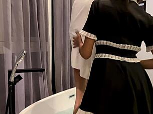 asian maid handles her tasks naked and gets cum covered