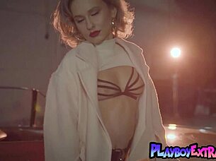 Petite teen blondie polina gets naked in a vintage car stripping off lingerie to reveal her shaved pussy