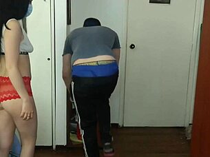 He spots her in underwear during exercise and ends up fucking the cute amateur teen 😏