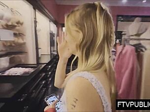 Skinny pale young amateur girl masturbates wildly in public shop