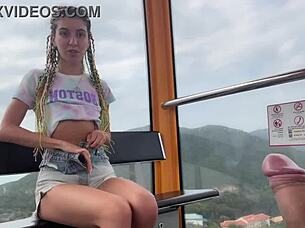 in the forest, skinny brunette with pigtails flashes and jerks cock, swallowing cum outdoors