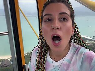 in the forest, skinny brunette with pigtails flashes and jerks cock, swallowing cum outdoors