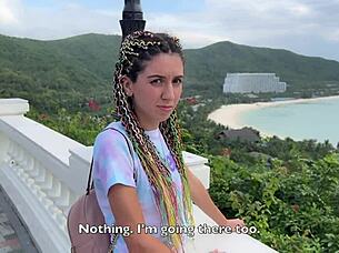 in the forest, skinny brunette with pigtails flashes and jerks cock, swallowing cum outdoors