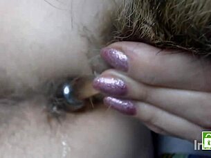 Inserting hairy toy deep in my hairy ass with close-up anal fingering and silent farting